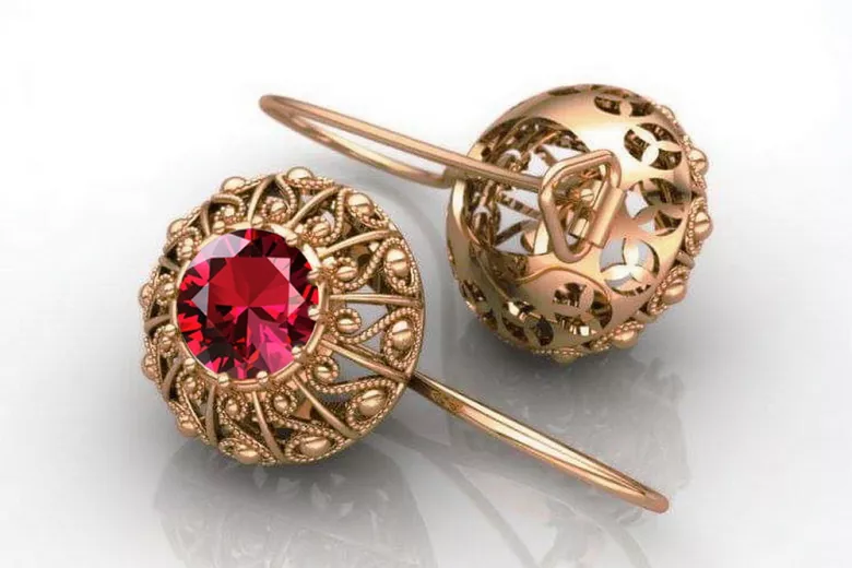 Original Vintage 14K Rose Gold Ruby Earrings Inspired by Russian Soviet Design vec002 vec002