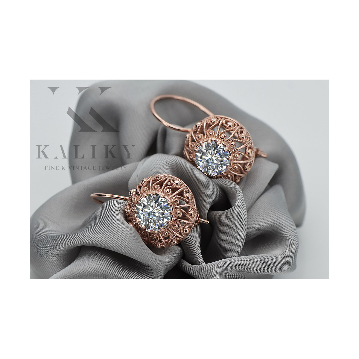 "Boucles d'oreilles Zircon Vintage en Or Rose 14 carats 585 vec002 Russie Soviétique" style vec002