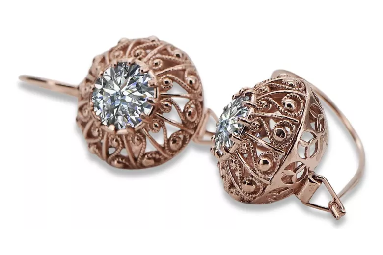 "Classic Zircon Encrusted 14K Rose Gold Earrings - Original Vintage Russian Soviet Vec002" style vec002