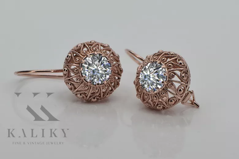 "Classic Zircon Encrusted 14K Rose Gold Earrings - Original Vintage Russian Soviet Vec002" style vec002