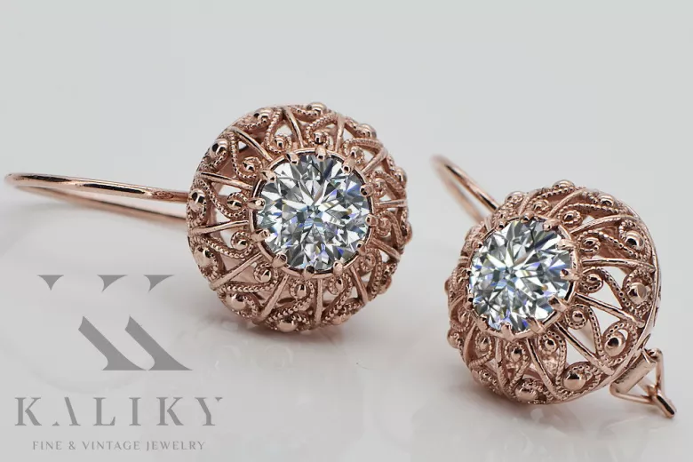 "Classic Zircon Encrusted 14K Rose Gold Earrings - Original Vintage Russian Soviet Vec002" style vec002