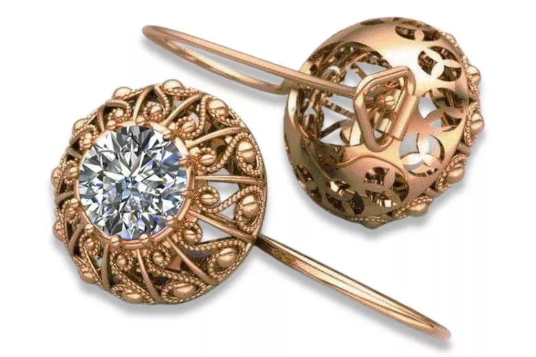 "Classic Zircon Encrusted 14K Rose Gold Earrings - Original Vintage Russian Soviet Vec002" style vec002