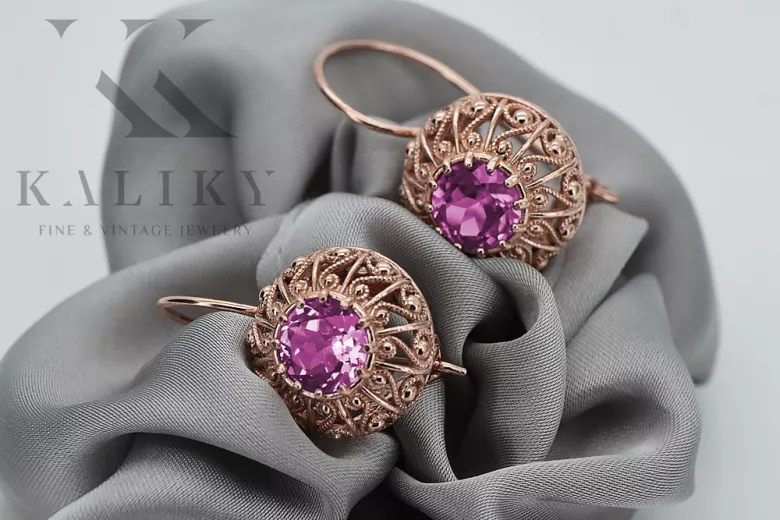 Original Vintage 14K Rose Gold Amethyst Earrings, Russian Soviet Era Inspired vec002 vec002