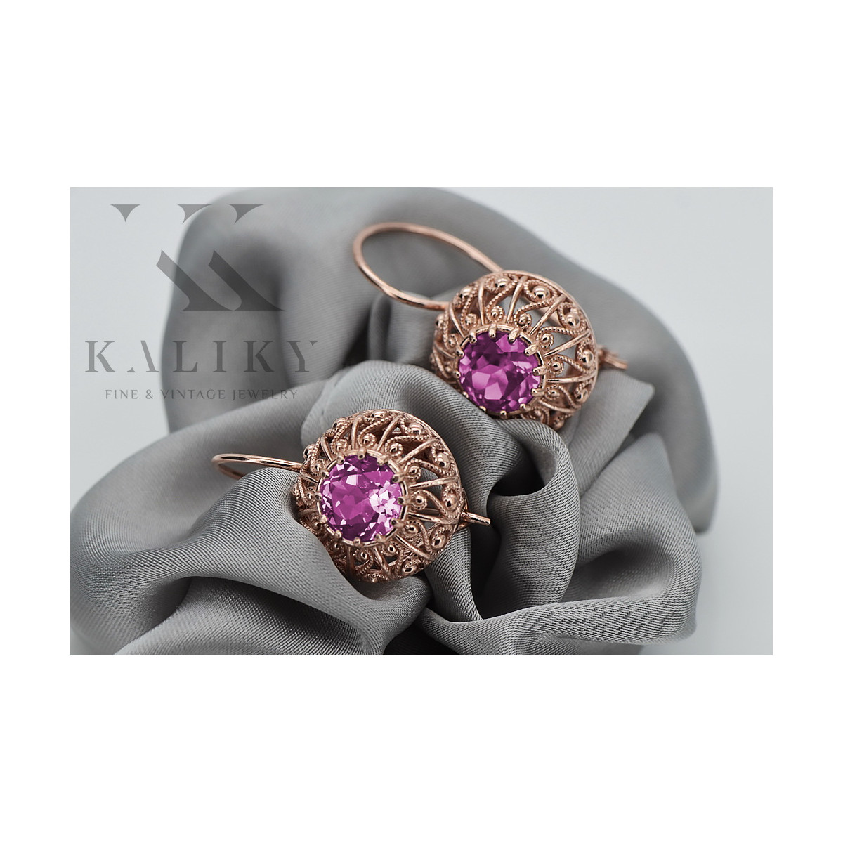 "Elegantes pendientes de amatista con oro rosa antiguo original de 14k vec002 estilo soviético ruso" style vec002