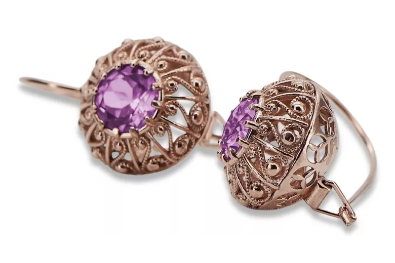 Original Vintage 14K Rose Gold Amethyst Earrings, Russian Soviet Era Inspired vec002 vec002