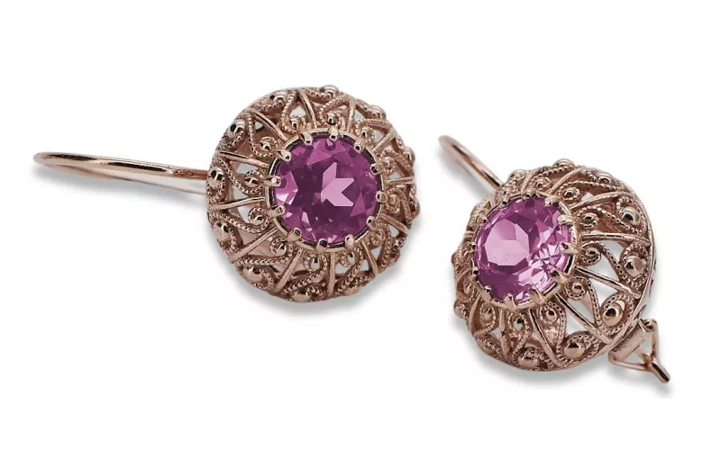 "Elegantes pendientes de amatista con oro rosa antiguo original de 14k vec002 estilo soviético ruso" style vec002