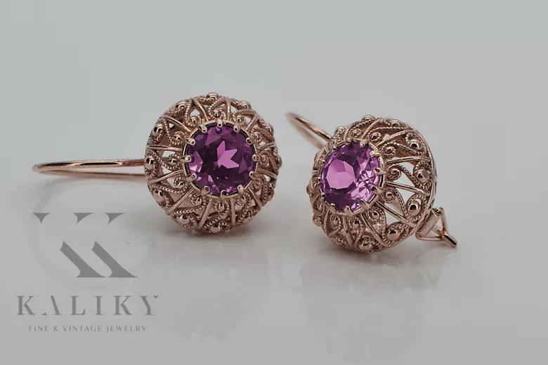 "Elegantes pendientes de amatista con oro rosa antiguo original de 14k vec002 estilo soviético ruso" style vec002