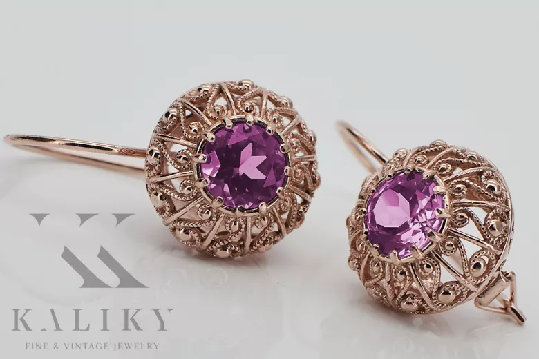 "Elegantes pendientes de amatista con oro rosa antiguo original de 14k vec002 estilo soviético ruso" style vec002