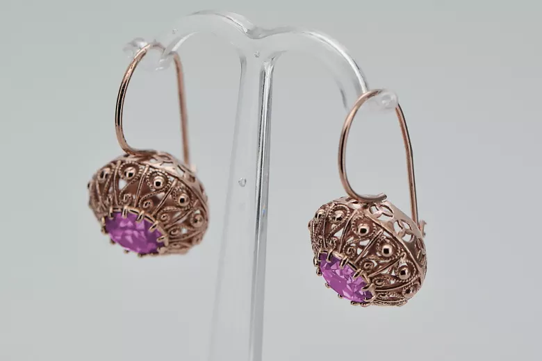 "Elegantes pendientes de amatista con oro rosa antiguo original de 14k vec002 estilo soviético ruso" style vec002