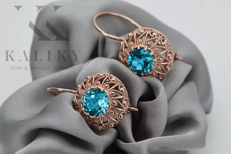 "Authentic Vintage Aquamarine Earrings in 14K Rose Gold vec002 Russian Soviet" style vec002