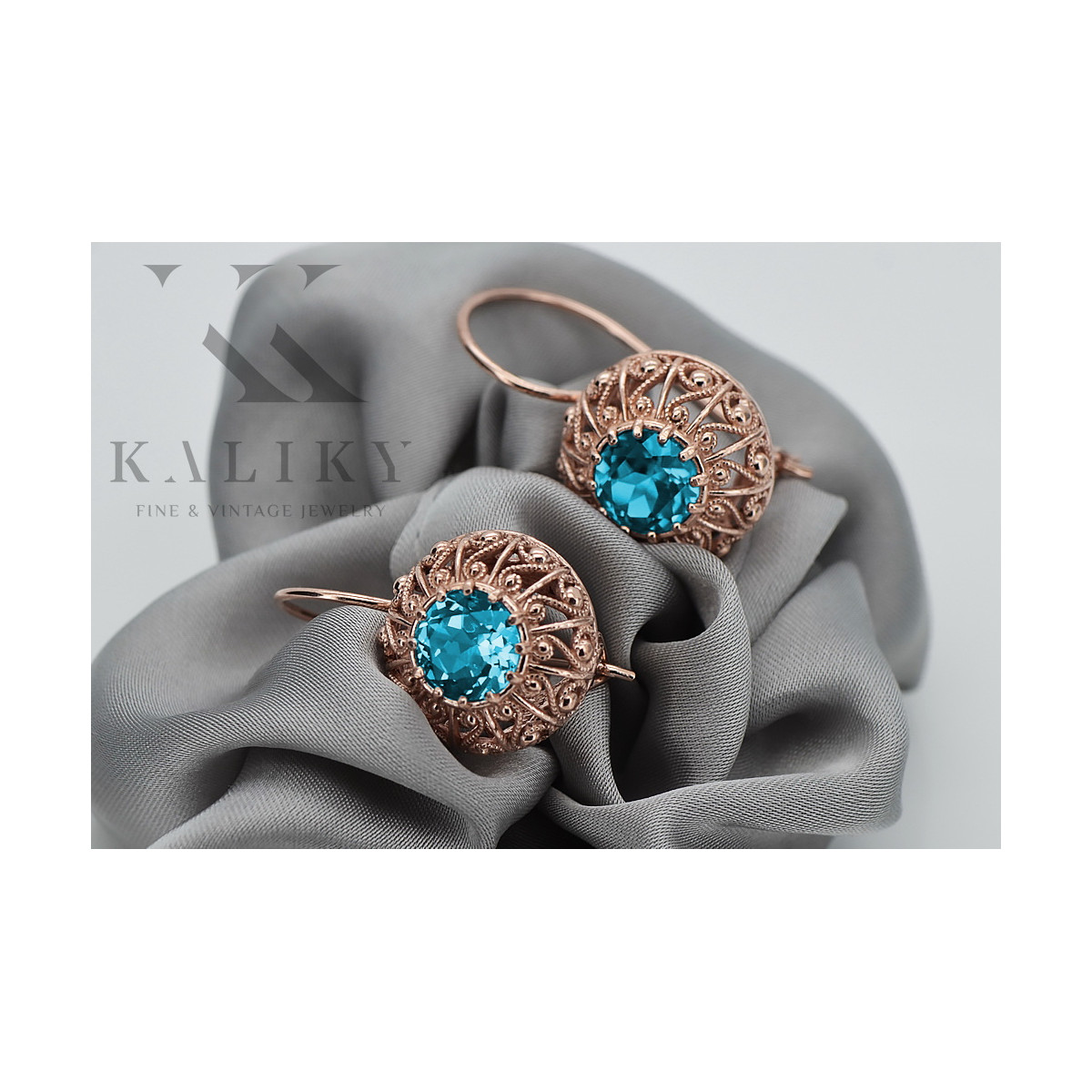 Boucles d'oreilles Aigue-marine en Or rose 14 carats vintage d'origine russe soviétique vec002 style vec002