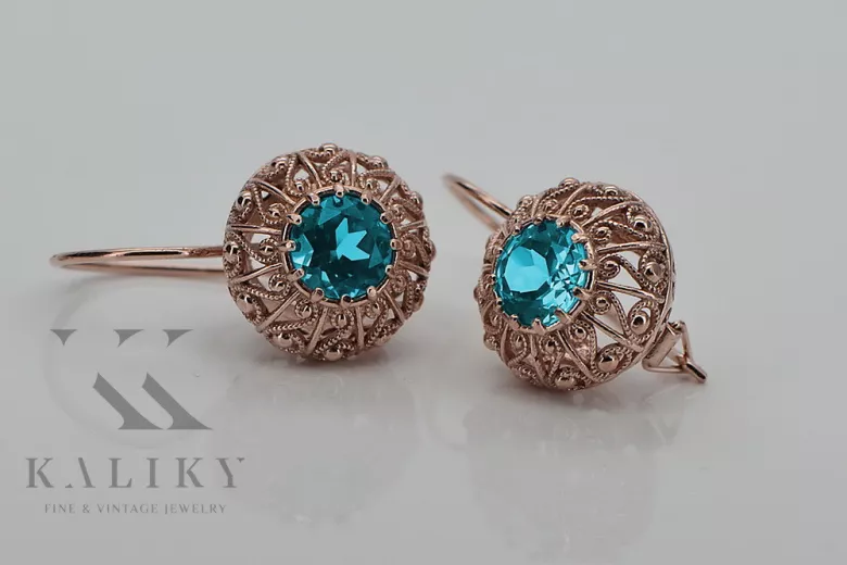 "Aretes de Aguamarina en Oro Rosa Antiguo Original de 14k vec002 Estilo Soviético Ruso" style vec002