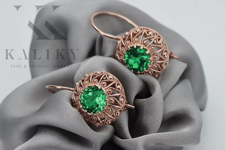 "Original Vintage 14K Rose Gold Emerald Earrings - Russian Soviet Style VEC002" style vec002