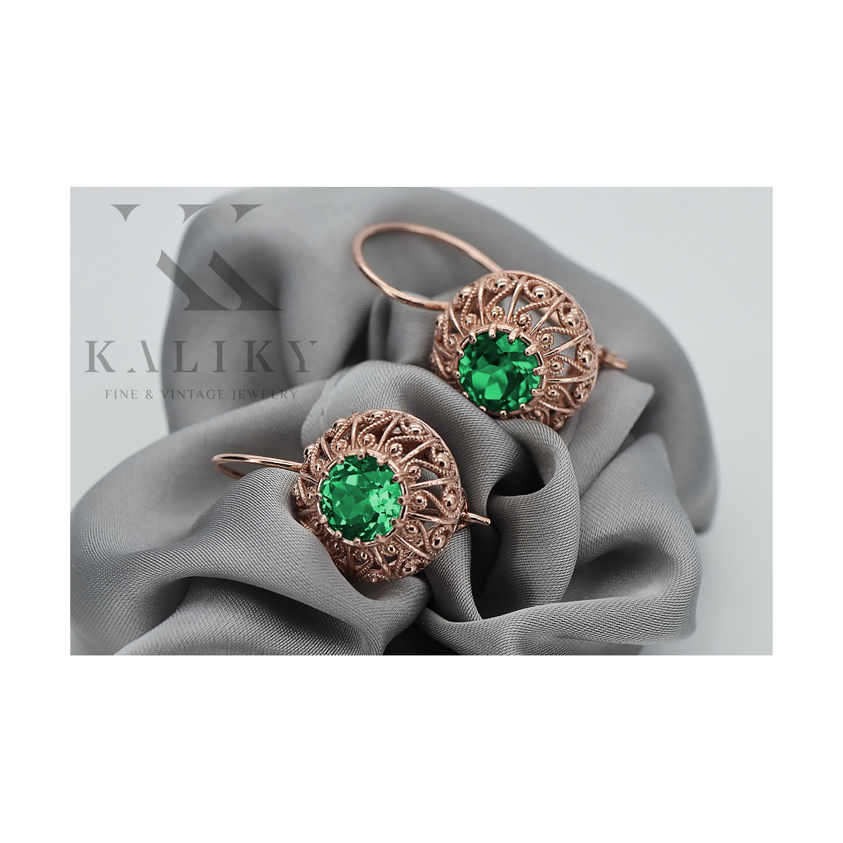 "Original Vintage 14K Rose Gold Emerald Earrings - Russian Soviet Style VEC002" style vec002