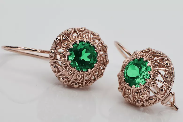 "Original Vintage 14K Rose Gold Emerald Earrings - Russian Soviet Style VEC002" style vec002