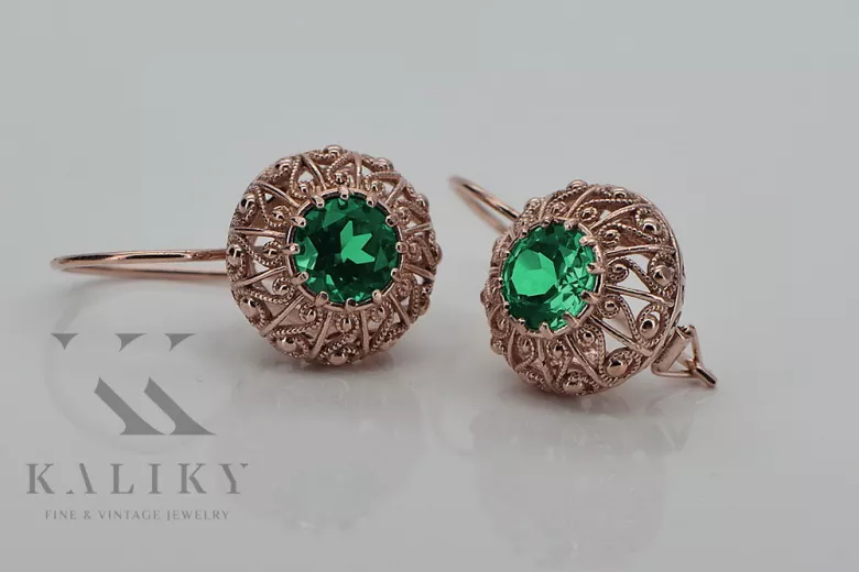 "Original Vintage 14K Rose Gold Emerald Earrings - Russian Soviet Style VEC002" style vec002