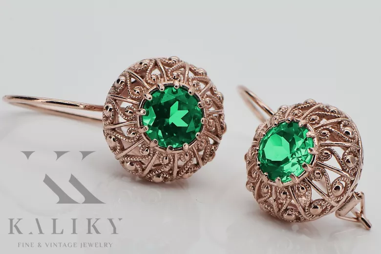 "Original Vintage 14K Rose Gold Emerald Earrings - Russian Soviet Style VEC002" style vec002