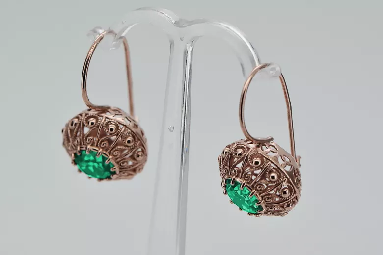 "Original Vintage 14K Rose Gold Emerald Earrings - Russian Soviet Style VEC002" style vec002