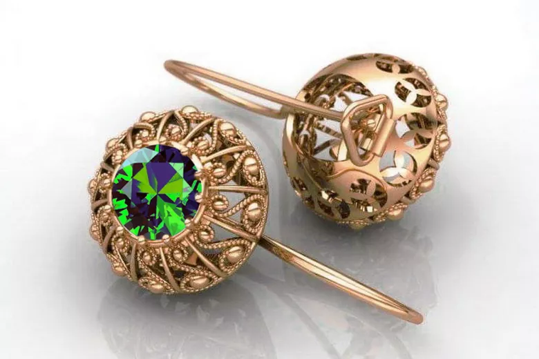 "Original Vintage 14K Rose Gold Emerald Earrings - Russian Soviet Style VEC002" style vec002