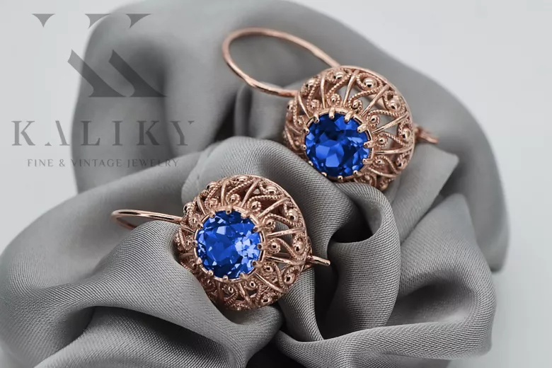 Original Vintage Sapphire 14K Rose Gold Earrings from Soviet Russia vec002 vec002