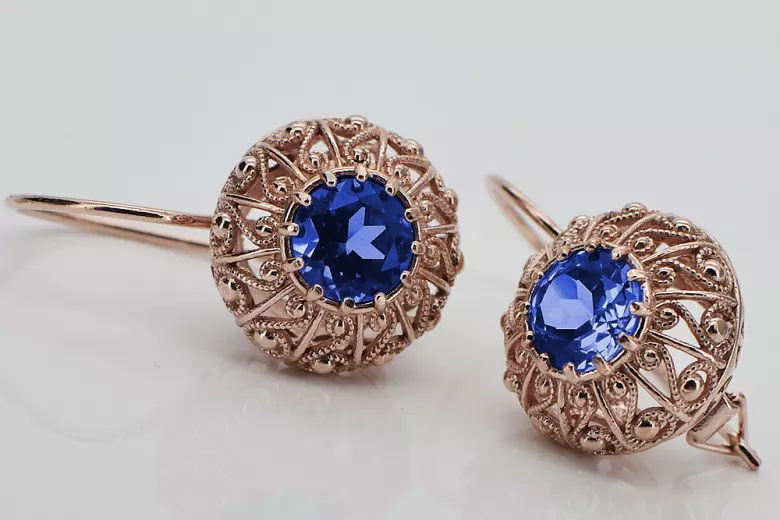 Original Vintage Sapphire 14K Rose Gold Earrings from Soviet Russia vec002 vec002