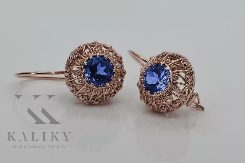 Original Vintage Sapphire 14K Rose Gold Earrings from Soviet Russia vec002 vec002