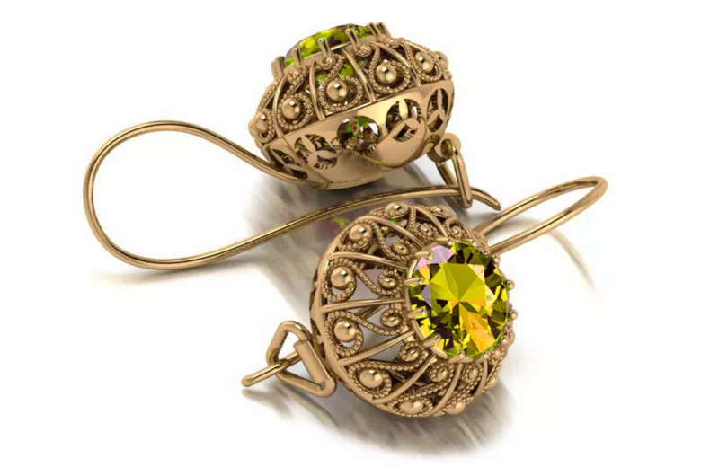 Pendientes de oro rosa antiguo de 14k, Peridoto amarillo vec002