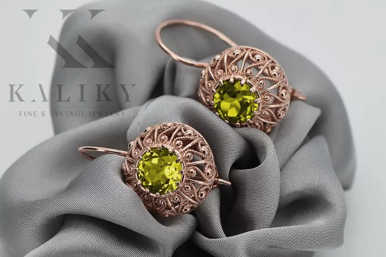 Pendientes de oro rosa antiguo de 14k, Peridoto amarillo vec002