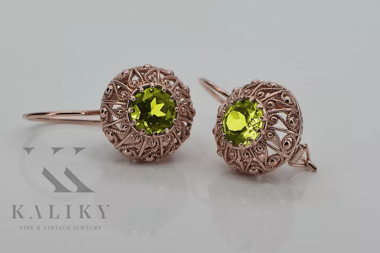 Pendientes de oro rosa antiguo de 14k, Peridoto amarillo vec002