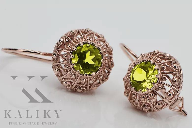 Pendientes de oro rosa antiguo de 14k, Peridoto amarillo vec002