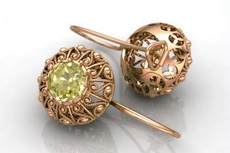 Pendientes de oro rosa antiguo de 14k, Peridoto amarillo vec002