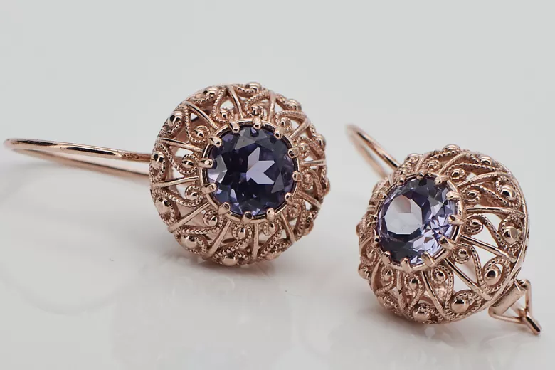 Pendientes de plata vintage chapados en oro rosa con alejandrita vec002rp