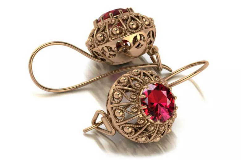 Sterling Silver Rose Gold Plated Ruby Earrings, Vintage Style vec002rp