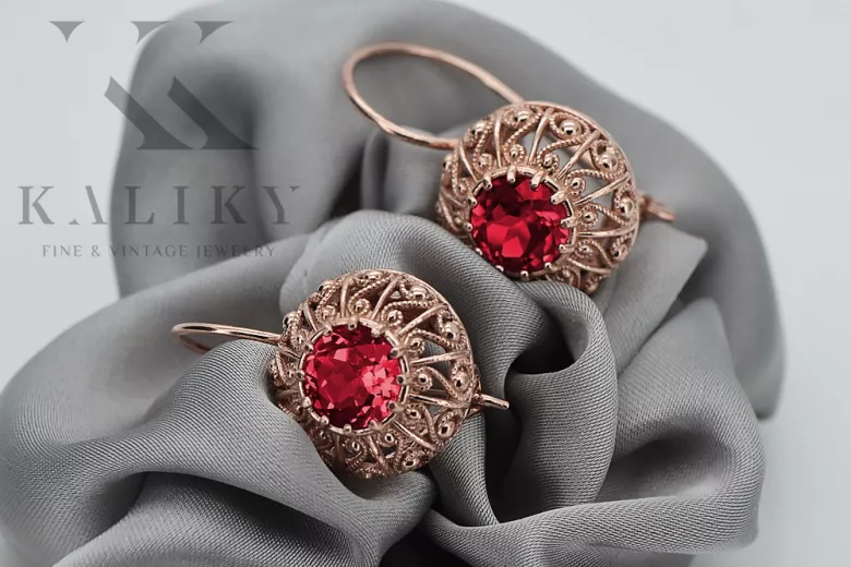 Sterling Silver Rose Gold Plated Ruby Earrings, Vintage Style vec002rp