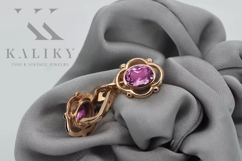 Amethyst Ohrringe in Original Vintage-Roségold 14K 585 vec033 Russisch Sowjet style vec033