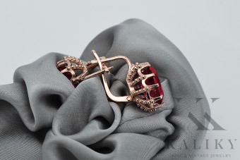 "Classic Ruby Accentuated 14K Rose Gold Earrings - Vintage Original vec079" Vintage vec079