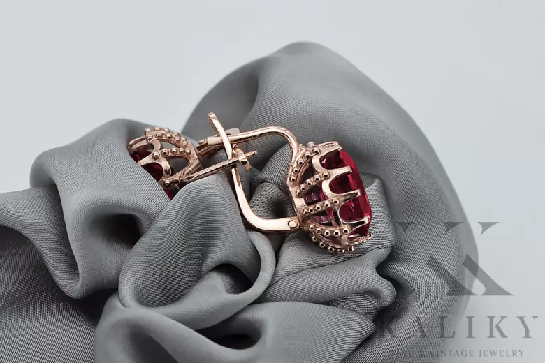 "Classic Ruby Accentuated 14K Rose Gold Earrings - Vintage Original vec079" Vintage vec079