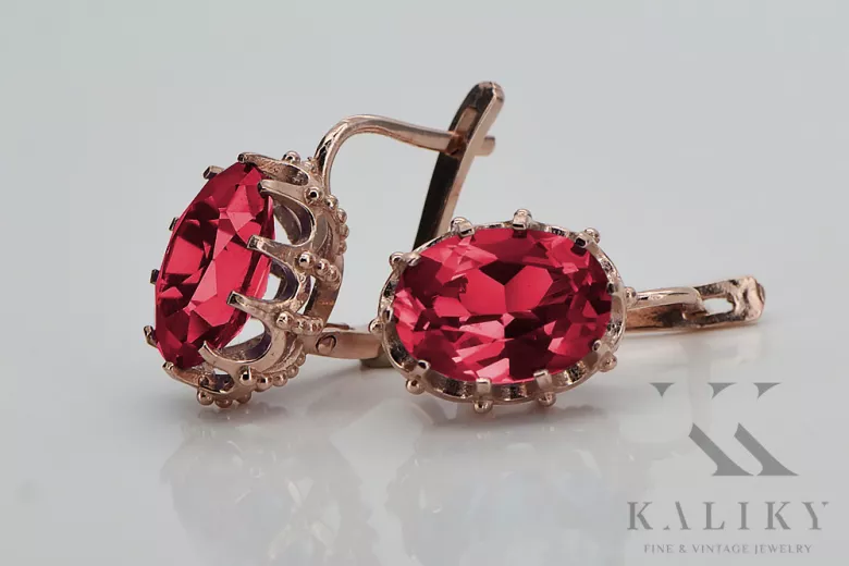 "Classic Ruby Accentuated 14K Rose Gold Earrings - Vintage Original vec079" Vintage vec079