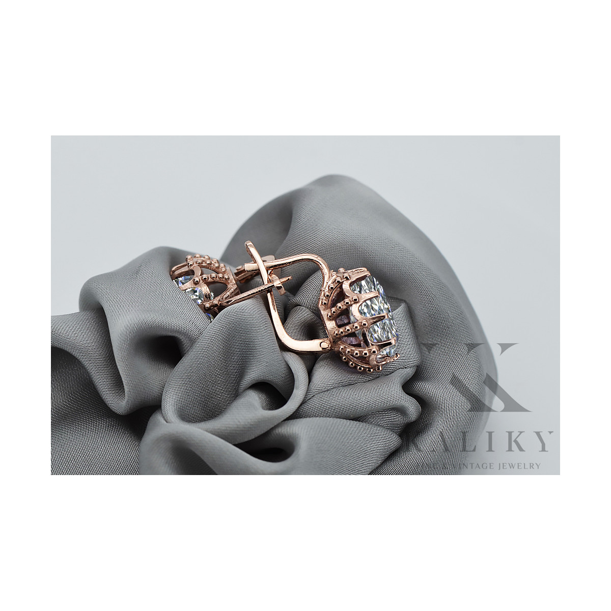 Boucles d'oreilles en zircon et or rose 14 carats, style vintage vec079. Vintage vec079