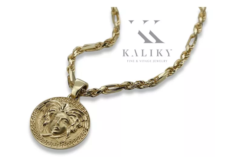 Golden Greek Versace Medallion Necklace with Figaro Chain cpn049y&cc082y