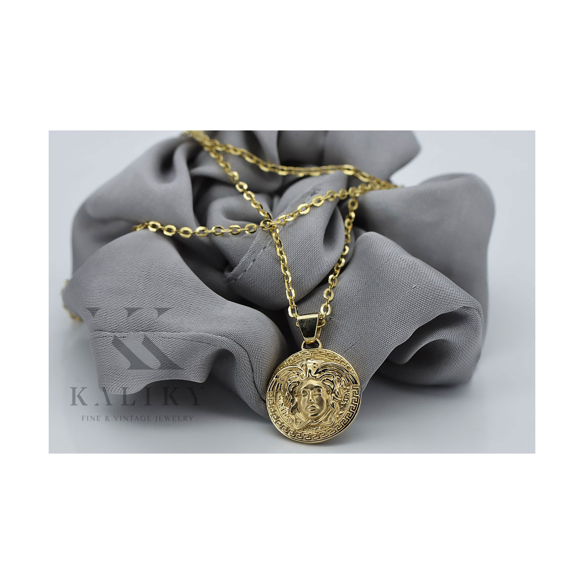 Złoty wisiorek z łańcuchem w stylu greckiej meduzy z 14-karatowego złota cpn049yxs&cc003y