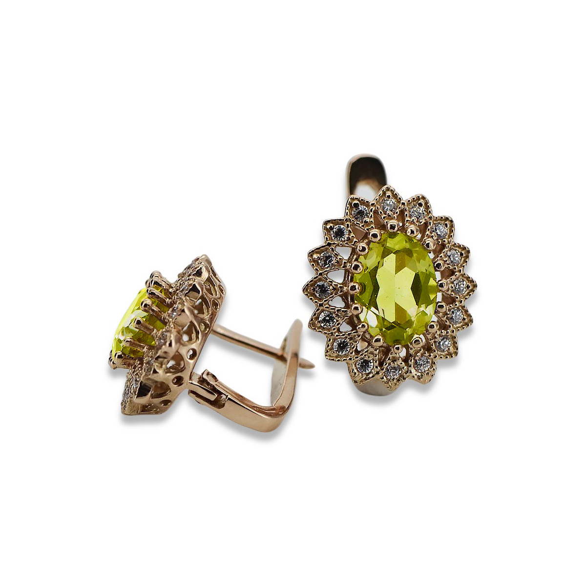 Aretes de oro rosa antiguo con peridoto amarillo vec125