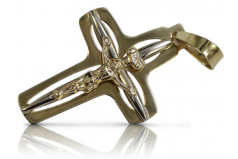 Croix Jésus catholique en or jaune et blanc 14K ctc009yw