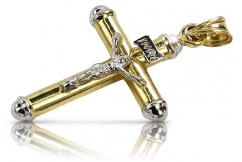 Croix Catholique Vintage en Or Blanc Italien 14k avec Jésus Rose ctc015yw ctc015yw