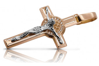 Croix Jésus catholique en or rose 14K et blanc vintage ctc027rw