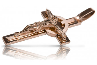 "14K Rose Gold Italian Catholic Jesus Cross with Vintage Pink Accents" ctc096r ctc096r