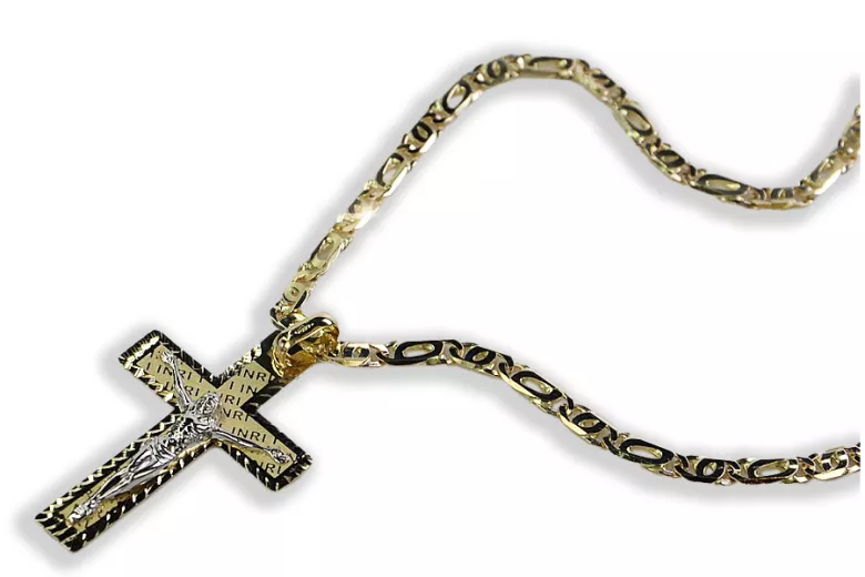 Croix catholique en or jaune 14 carats italien & perles de nacre 