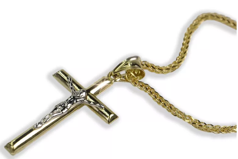 Elegant Italian 14k Gold Catholic Cross Necklace with Spiga Chain ctc001y&cc036y