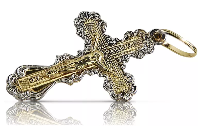 14K Weiß- & Gelbgold Orthodoxes Kreuz oc002wy