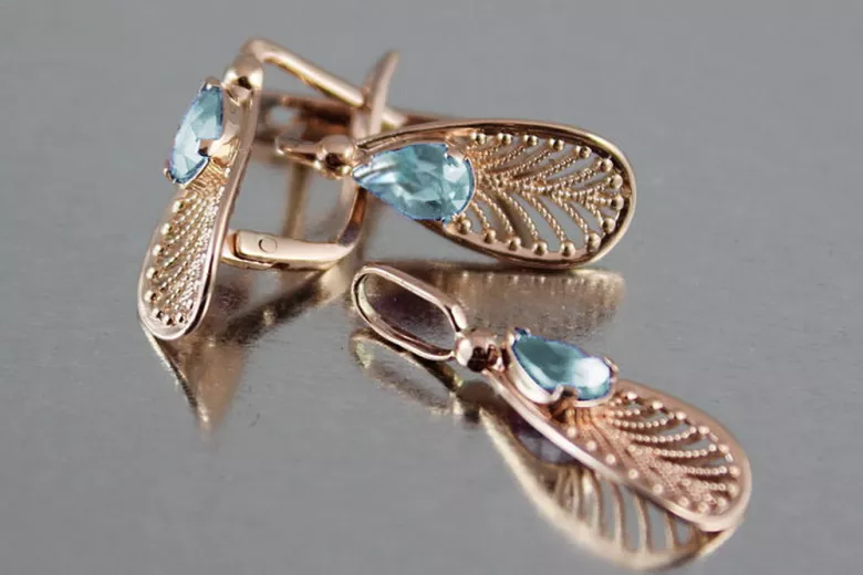 "Elegant Vintage Aquamarine Earrings in 14K Rose Gold vec067"  Vintage vec067